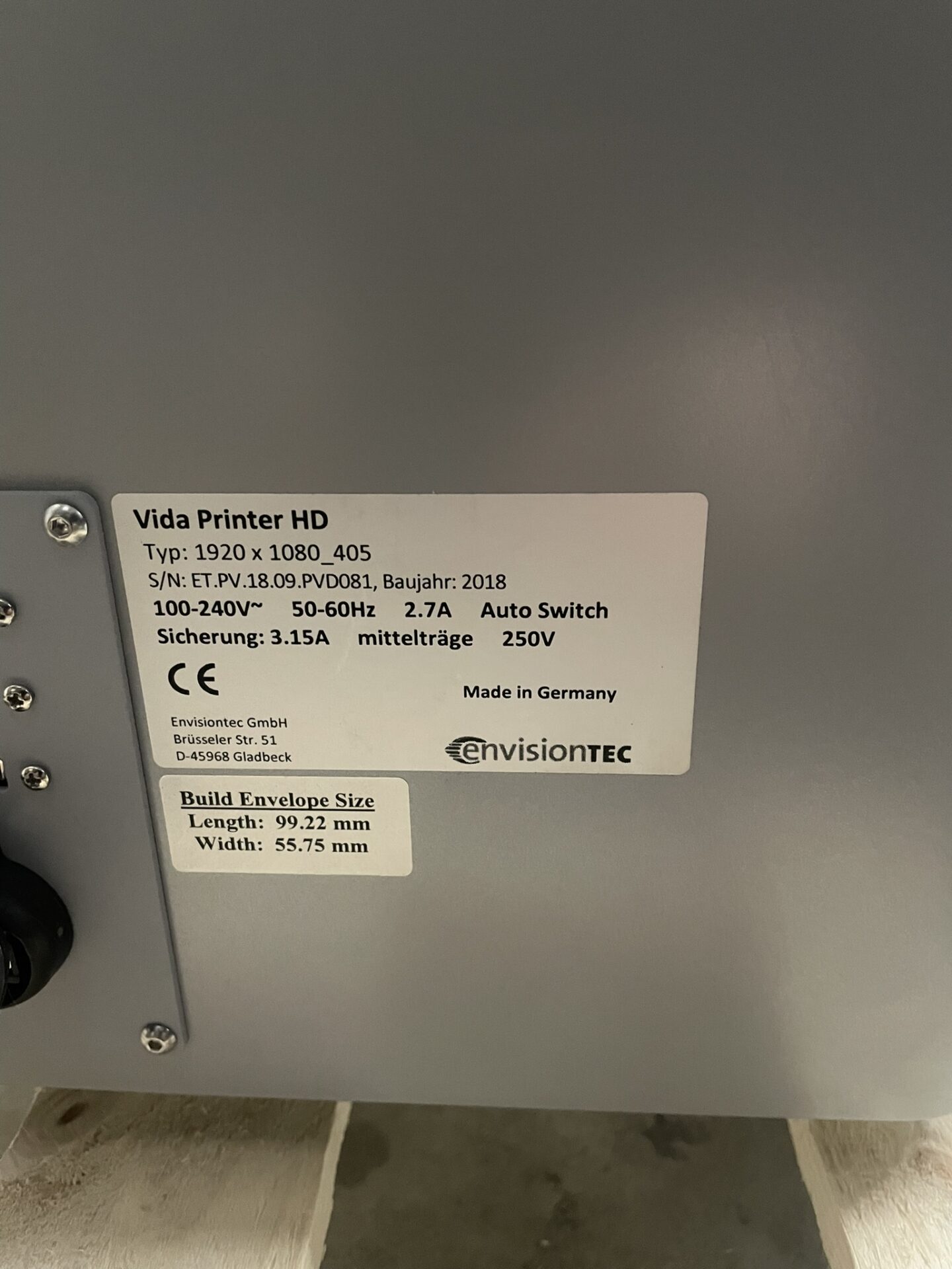 3D PRINTER ENVISIONTEC VIDA HD 3D PRINTER ENVISIONTEC VIDA HD