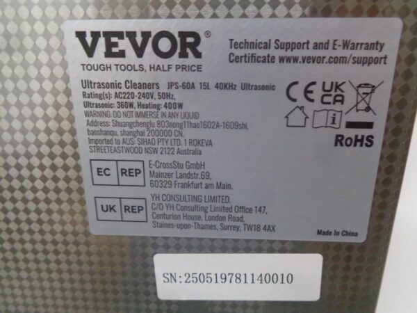 INSTALLATION DE LAVAGE ULTRASONS VEVOR JPS-60A